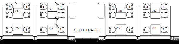 <p>212 - 215 &amp; 201- 204 (seat 1 right north)</p>