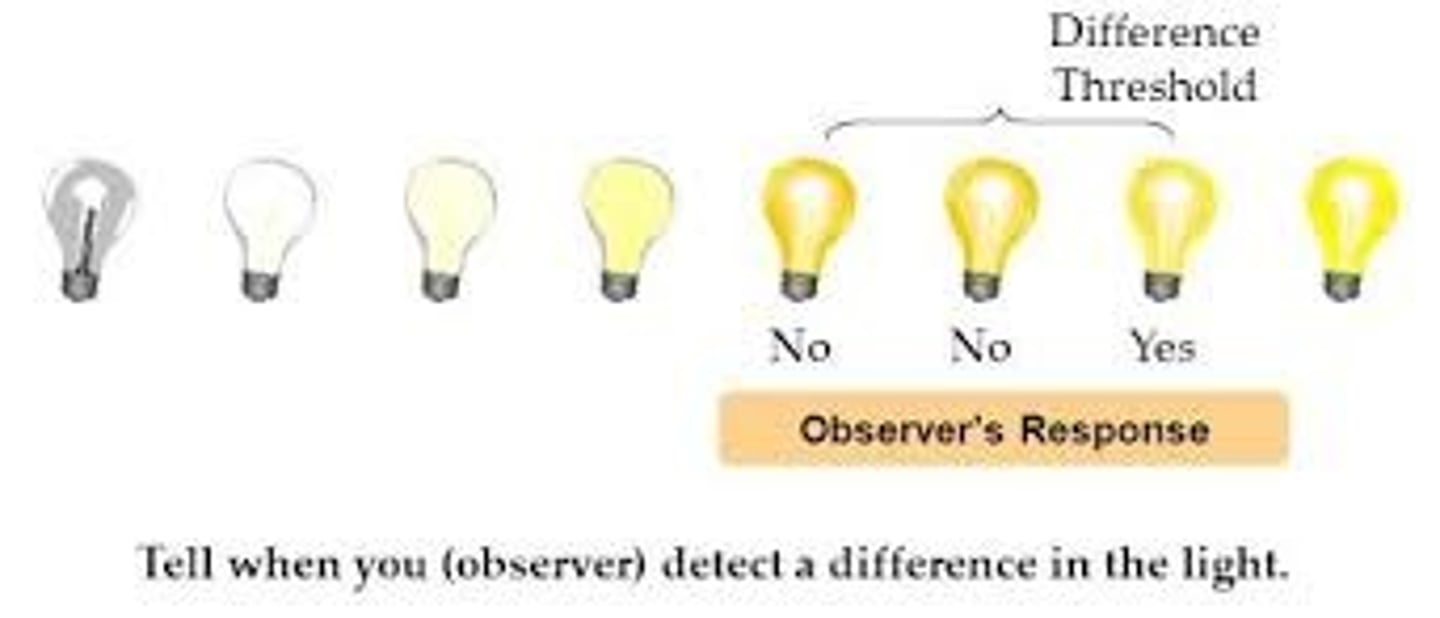 <p>(JND) the smallest amount of change that you can notice</p>