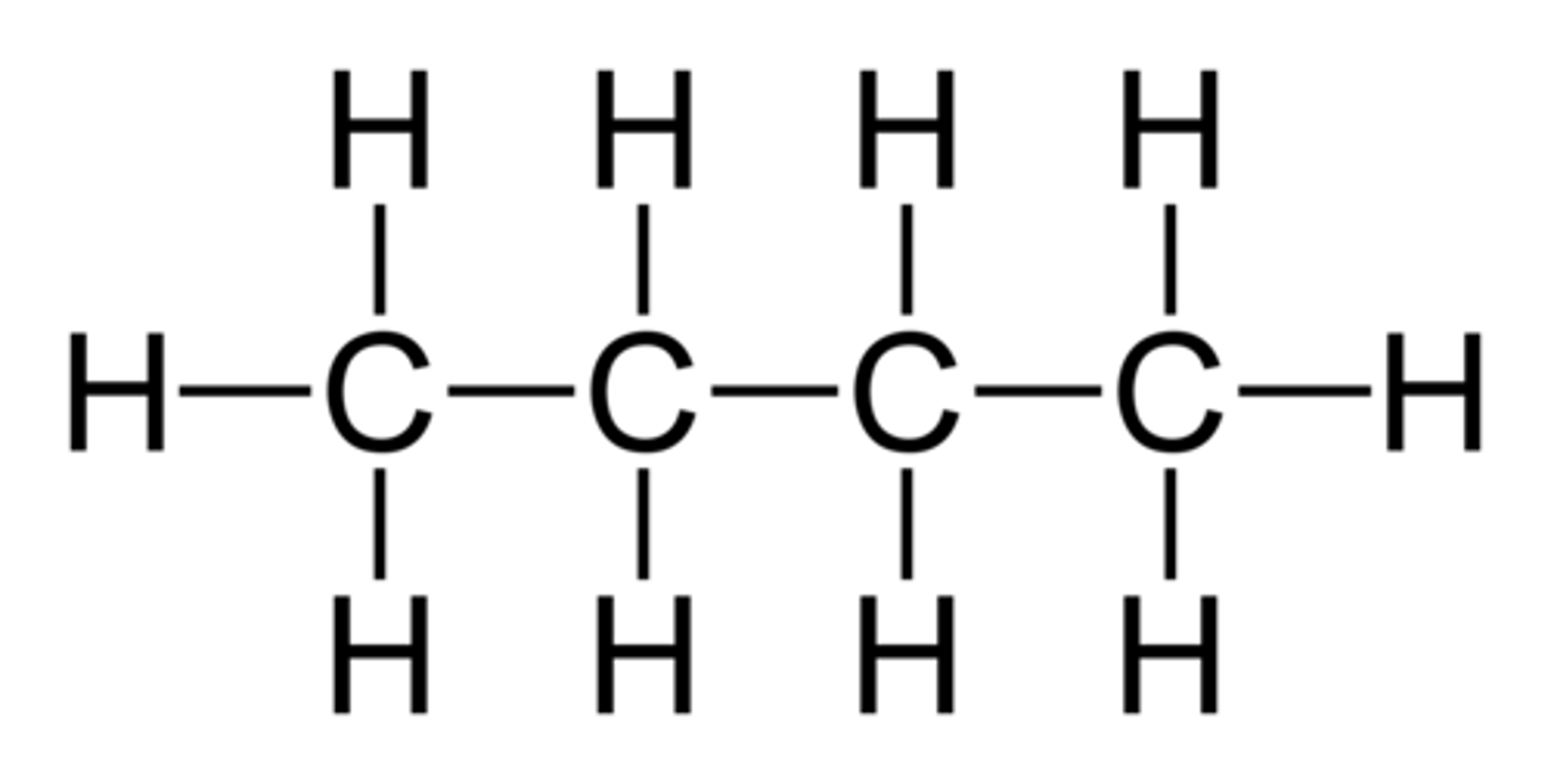 <p>common hydrocarbon with 4 carbons.</p><p>Name from prefix on Table P + "ane" because there are only single bonds present, aka it is an alkane</p>