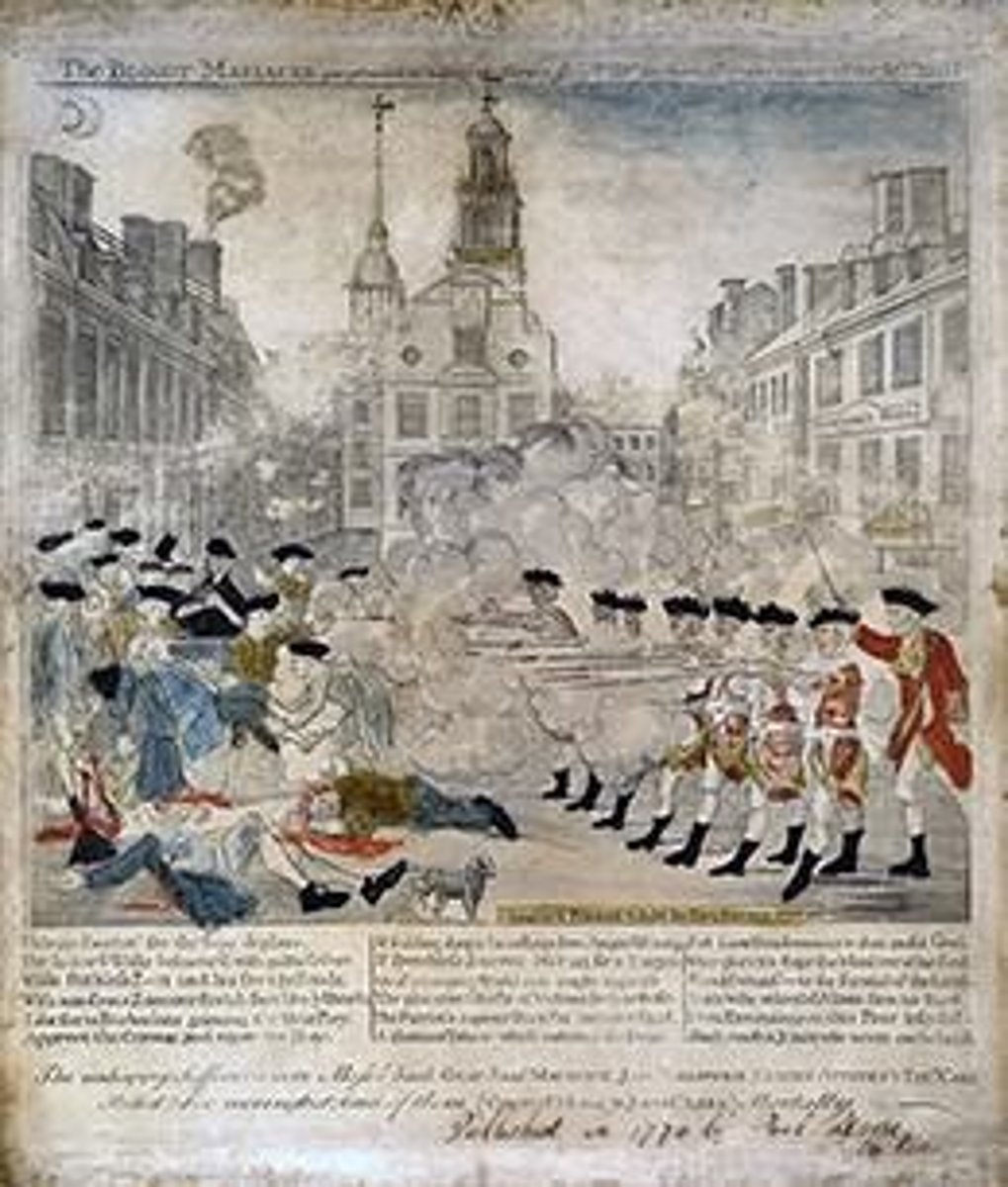 <p>A confrontation in 1770 where British soldiers killed five colonists, escalating tensions between Britain and the colonies.</p>