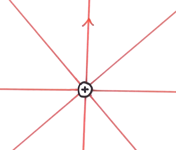 <ul><li><p>Straight lines pointing away from the point charge</p></li><li><p>When the field lines are closer together, the field is stronger</p></li></ul><p></p>
