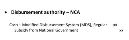 <p>Dr. Cash – Modified Disbursement System, Regular</p><p>Cr. Subsidy from National Government</p>