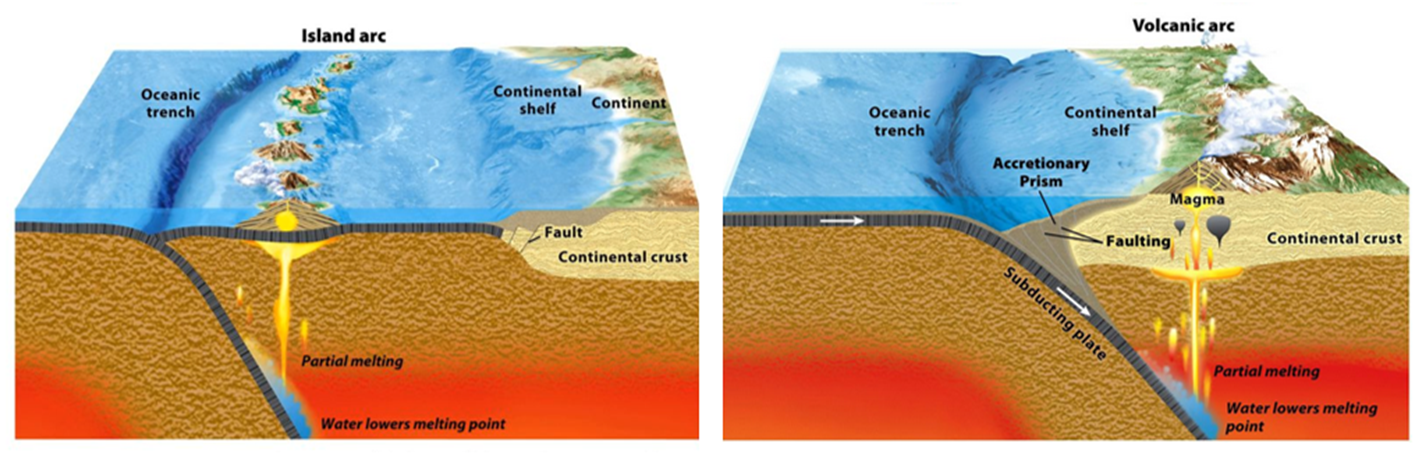 <p>Two types of destructive plate boundaries where subduction occurs</p><ol><li><p>How island arcs form when the denser oceanic crust subducts under lighter. </p></li><li><p>Subduction of dense oceanic crust under lighter continental crust </p></li></ol><p>In both = subducting crust under sinks into the softer asthenosphere </p><p>Carries hydrated sediments (<span>matter that </span><a target="_blank" rel="noopener noreferrer nofollow" class="rMNQNe" href="https://www.google.com/search?safe=active&amp;sca_esv=5c40852b81bce253&amp;q=settles&amp;si=AKbGX_r0zqXEeLlZhGfi3fbO0QSWeP06uEFgkMFwdd0vmCniS5niUBn2o4HSEy3yqeFpfBEb3weD7M44Yw6k5x6GXEqRHWrbQg%3D%3D&amp;expnd=1"><u><span>settles</span></u></a><a target="_blank" rel="noopener noreferrer nofollow" href="https://www.google.com/search?safe=active&amp;sca_esv=5c40852b81bce253&amp;q=settles&amp;si=AKbGX_r0zqXEeLlZhGfi3fbO0QSWeP06uEFgkMFwdd0vmCniS5niUBn2o4HSEy3yqeFpfBEb3weD7M44Yw6k5x6GXEqRHWrbQg%3D%3D&amp;expnd=1"><span> to the</span></a><span> bottom of a liquid) </span>and rock - so this water lowers melting point of rock found in the mantle wedge </p><ul><li><p>This process causes melting of the mantle wedge and partial melting of the crust leading to magma  </p></li></ul>