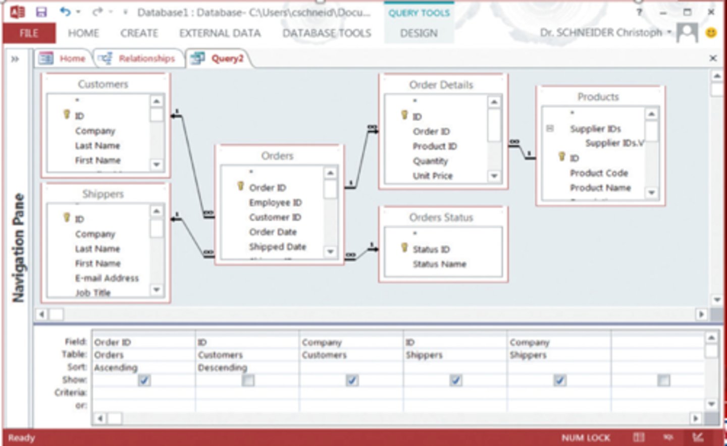 <p>Using a grid to form queries where fields can be added, sorted, compared, etc.</p>
