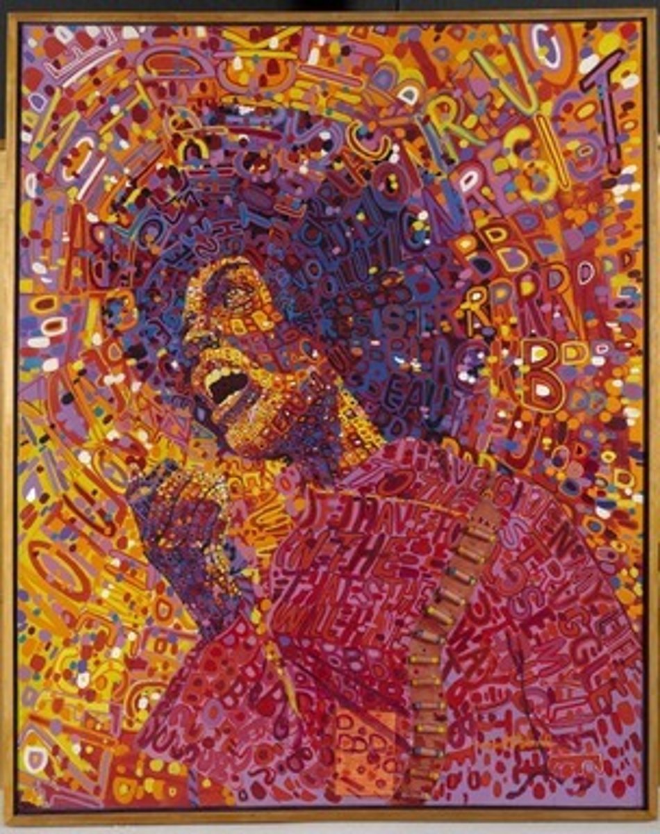 <p>AfriCOBRA; advocating for racial equality, presenting uplifting ,positive images of African Americans through the use of bright "cool-aid"colors and words, Angela Davis' weapon is her voice</p>