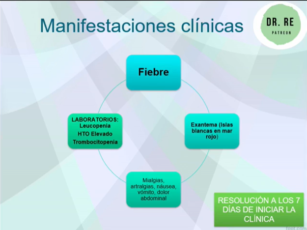 <ol><li><p>FIEBRE </p></li><li><p>EXANTEMA (ISLAS BLANCAS EN MAR ROJO)</p></li><li><p><strong>MIALGIAS, ARTRALGIAS, NAUSEA, VOMITO, DOLOR ABDOMINAL </strong></p></li><li><p><strong>LABORATORIO: </strong></p><ol><li><p>LEUCOPENIA </p></li><li><p>HTO ELEVADO </p></li><li><p>TROMBOCITOPENIA</p></li></ol></li><li><p>RESOLUCION A LOS 7 DIAS DE INICIAR CON LA CLINICA</p></li></ol><p></p>