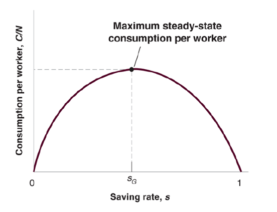 <p>An increase in the saving rate leads to an increase, then to a decrease in steady-state consumption per worker.</p>