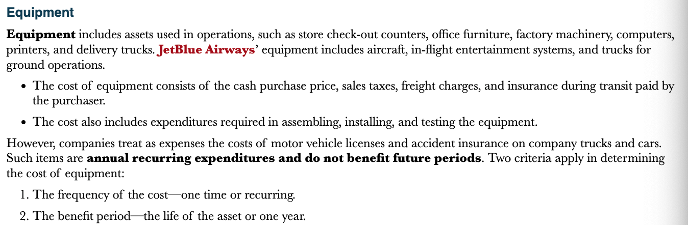 <ul>
<li>Cash purchase price</li>
<li>Sales taxes</li>
<li>Freight charges</li>
<li>Insurance during transit paid by the purchaser</li>
<li>Expenditures required in assembling, installing, and testing the equipment</li>
</ul>