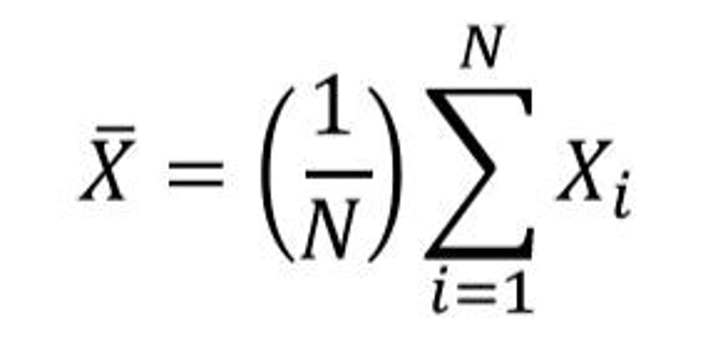 <p>The most familiar measure of central tendency, computed by summing all values and dividing by the number of values.</p>