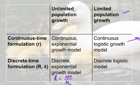 <ul><li><p>continuous exponential: N<sub>t</sub>=N<sub>0</sub>e<sup>rt</sup></p></li><li><p>discrete exponential: N<sub>1 </sub>= N<sub>0</sub>*lambda^<sup>t</sup></p></li><li><p>discrete logistic: N<sub>t+1</sub> = N<sub>t</sub> + RN(1-N<sub>t</sub>/K)</p></li></ul><p></p>