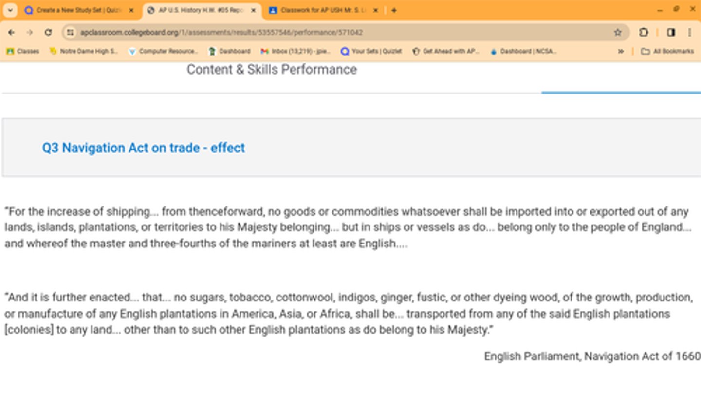 <p>Which of the following most likely motivated Parliament to pass the law in the excerpt?</p><p>A. The decline of a strong English identity among colonists</p><p>B. The desire to pursue mercantilist goals</p><p>C. The formation of colonial governments that differed from English models</p><p>D. The desire to promote migration to the colonies</p>