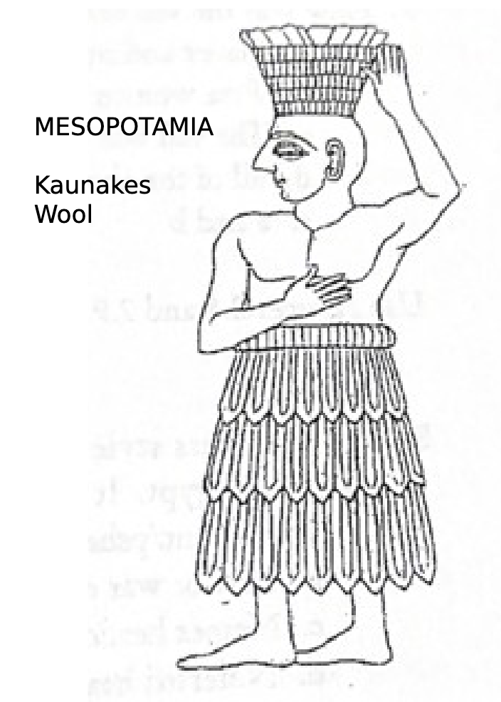 <p><span style="background-color: transparent;">wrapped skirts worn by men and women in Sumeria, made with tufted fleece, which they held in place with wide belts. At first skirts were probably made from sheepskin with fleece attached. Later, woven cloth had fringe at the bottom to imitate tufts of wool on fleece.</span></p>