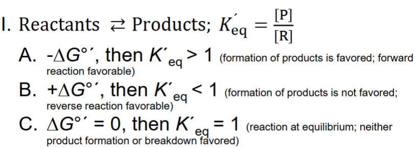 <ul><li><p>fwd rxn is favored (formation of product)</p></li></ul><ul><li><p>reverse rxn favored </p></li><li><p>+: Endergonic</p></li><li><p>-: Exergonic</p></li></ul><p></p>