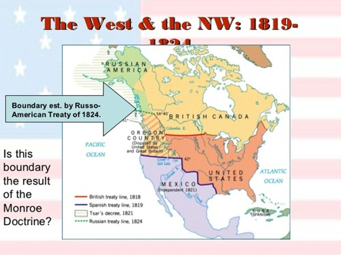<p>Fixed the line of 54°40' as the southernmost boundary of Russian holdings in North America.</p>
