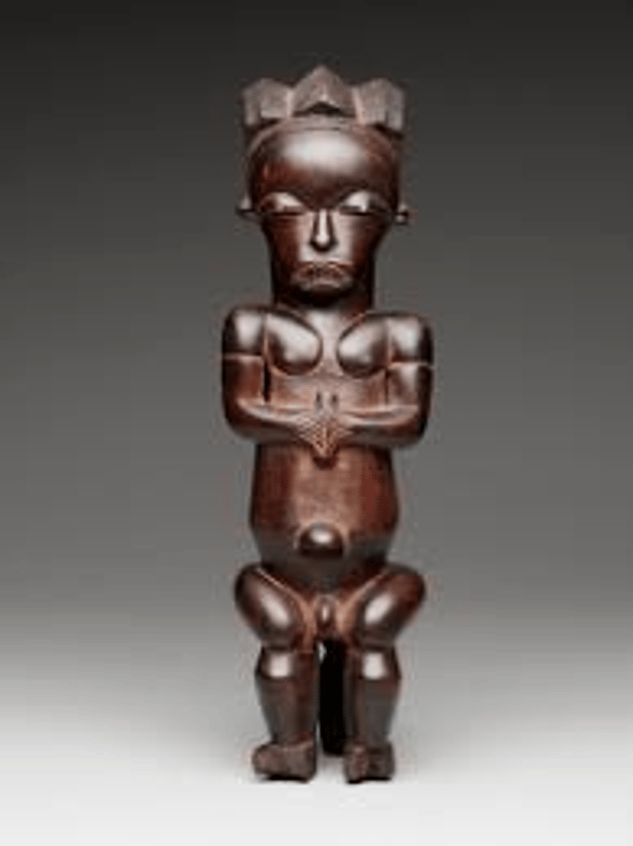<p>Fang peoples</p><p>Gaboon</p><p>wood and iron</p><p>spiritual (its a reliquary)</p>
