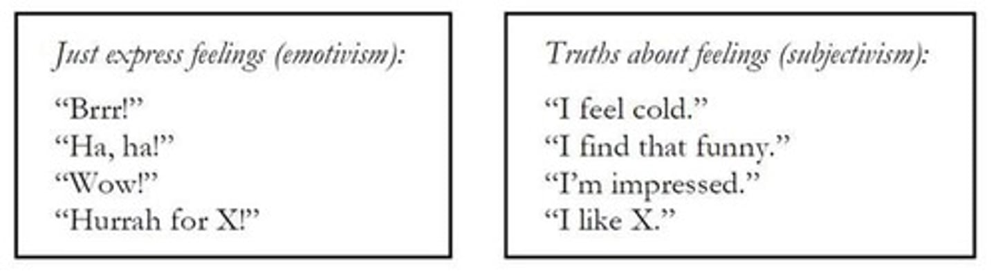 <p>The view that moral judgments are expressions of the speaker's emotions rather than factual claims.</p>