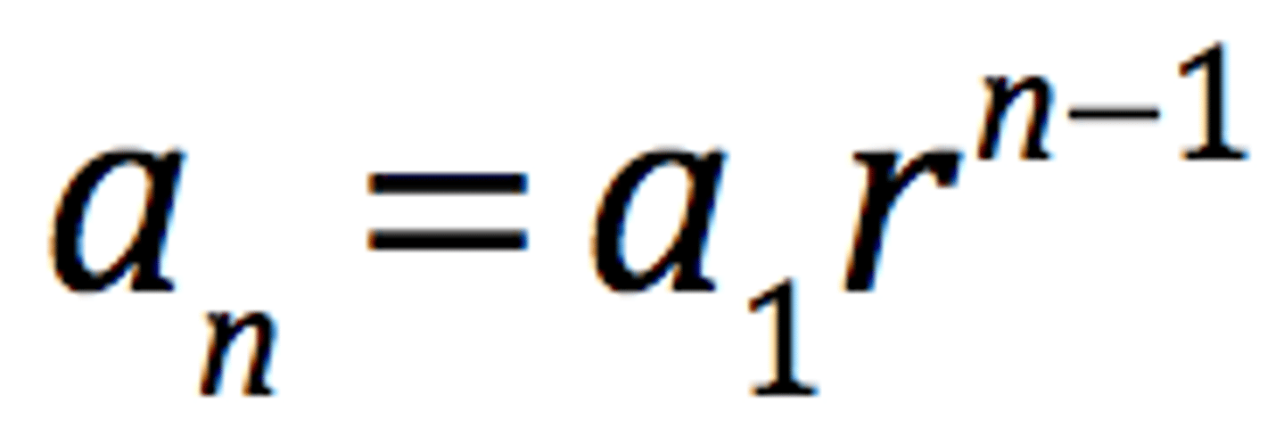 <p>an=a1(r)^n-1</p><p>a1= first term</p><p>r= difference between 2 terms</p><p>n= term you want to find out</p>