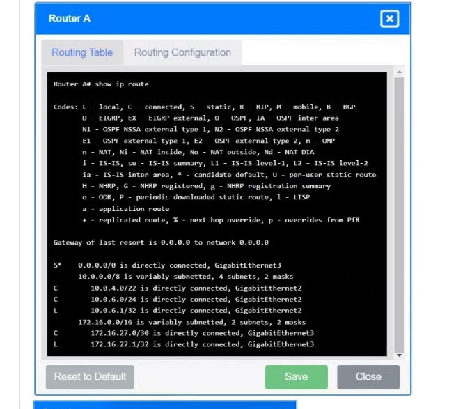 <p>Problem with router A?</p><p>Destination prefix:</p><p>Destination prefix mask:</p><p>Interface:</p>