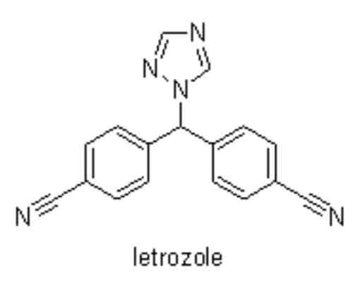 <ul><li><p>There is 1 sp3 hybridised carbon atom in letrozole</p></li><li><p>There are 14 sp2 hybridised carbon atoms</p></li><li><p>There are 2 sp2 hybridised carbon atoms</p></li></ul>