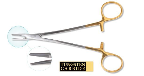 <ul><li><p>jaws with an insert of solid tungsten carbide with diamond cut precision teeth designed to eliminate twisting and turning of the needle in the needle holder; can be identified by the gold plating on the handles.</p></li></ul><p></p>