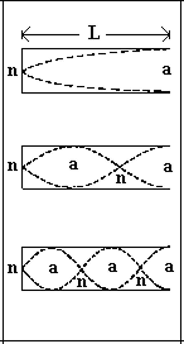 <p>To draw the second harmonic based on the first, simply draw the wave with the next largest wavelength that can possibly fit in the container. You can do this by adding another node within the container. Keep in mind that the open end will always have an anti-node and the closed end will always have a node.</p>
