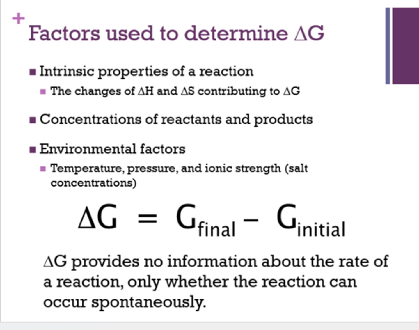 <p>- intrinsic properties of a reaction</p><p>- concentration of reactants and products</p><p>- environmental factors</p>