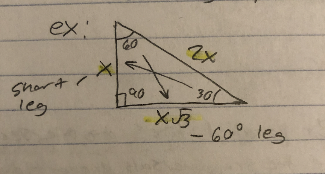 * hypotenuse represents the short leg (x) multiplied by 2
* the 60 leg represents the short leg (x) multiplied by √3