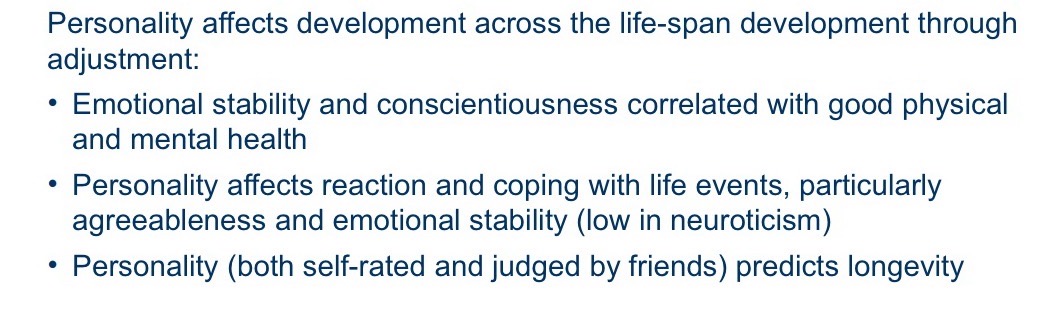 <ul><li><p>﻿﻿Some temperament dimensions relate to Big Five personality traits:</p></li><li><p>﻿﻿Surgency/extraversion → extraversion, negative affectivity → neuroticism, effortful control → conscientiousness</p></li><li><p>﻿﻿Effortful-control dimension of temperament → Self-control or self-regulation in childhood<br>→ Conscientiousness later in life: good developmental outcomes</p></li><li><p>﻿﻿Personalities change in response to parenting, cultural pressures, and life events</p></li><li><p>﻿﻿correlations between early childhood traits and adult traits usually quite small</p></li><li><p>﻿﻿children's traits in elementary school years begin to predict adolescent and adult</p></li><li><p>personality</p></li><li><p>﻿﻿some aspects of personality stabilize only in adolescence or even adulthood</p></li></ul><p>&gt; Roots of adult personality in childhood, but full personality formation takes many years.</p>