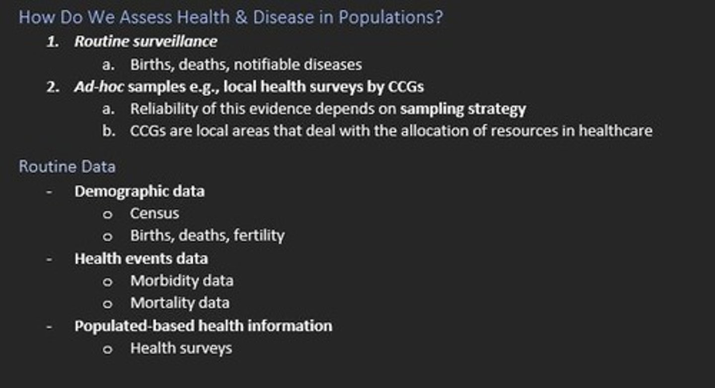 <p>1) Demographic data e.g., census</p><p>2) Health events data e.g., morbidity/mortality</p><p>3) Population-based health info e.g., health surveys</p>