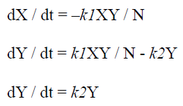 <p>If X, Y, and Z in the following equations are defined as the number of susceptible, infected, and recovered individuals, respectively, in a closed population exposed to a disease, and N = X + Y + Z, which of the statements following the equations is/are correct?</p>