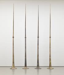 <p>Terry Adkins (1953-2014) Last Trumpet, 1995, Brass and sousaphone and trombone bells, four parts (Left: installation view at Venice Biennale),</p>