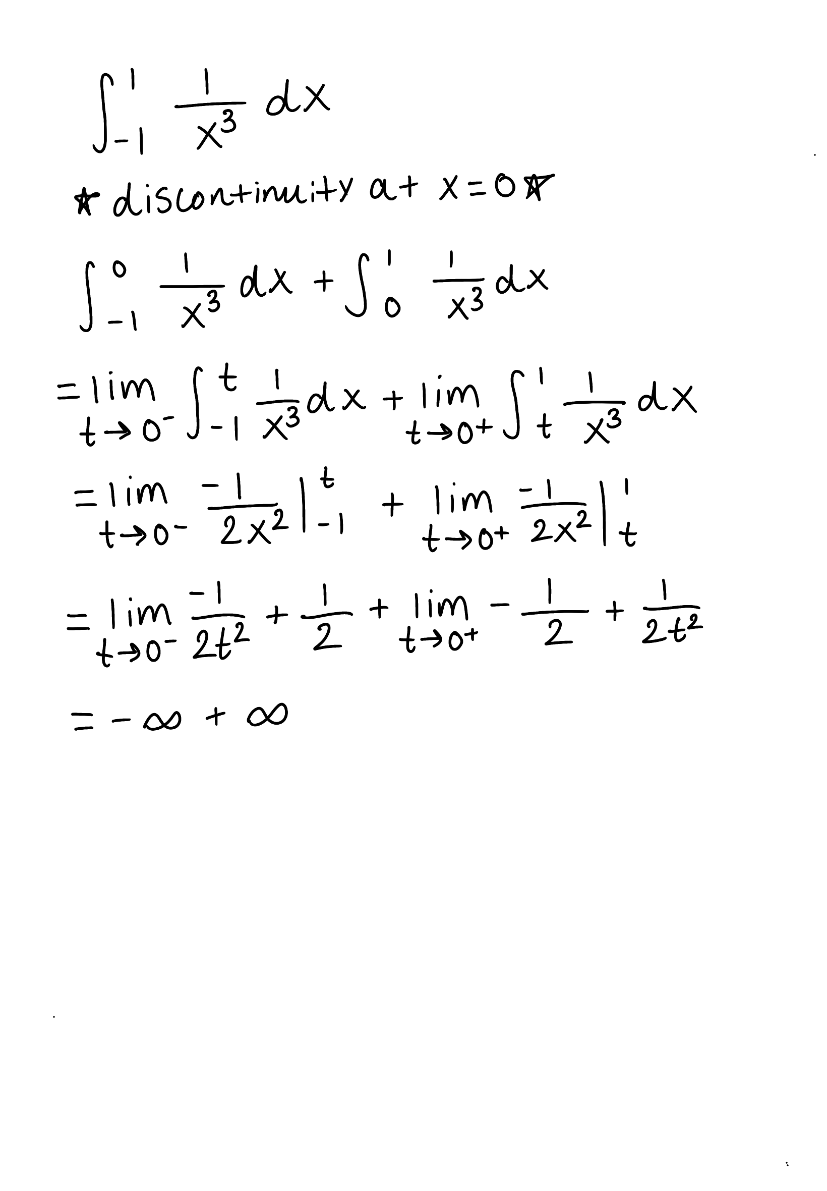 <ul><li><p>The integral is improper because there is a discontinuity at x=0</p></li><li><p>The integral diverges because the limit is infinite</p></li></ul><p></p>