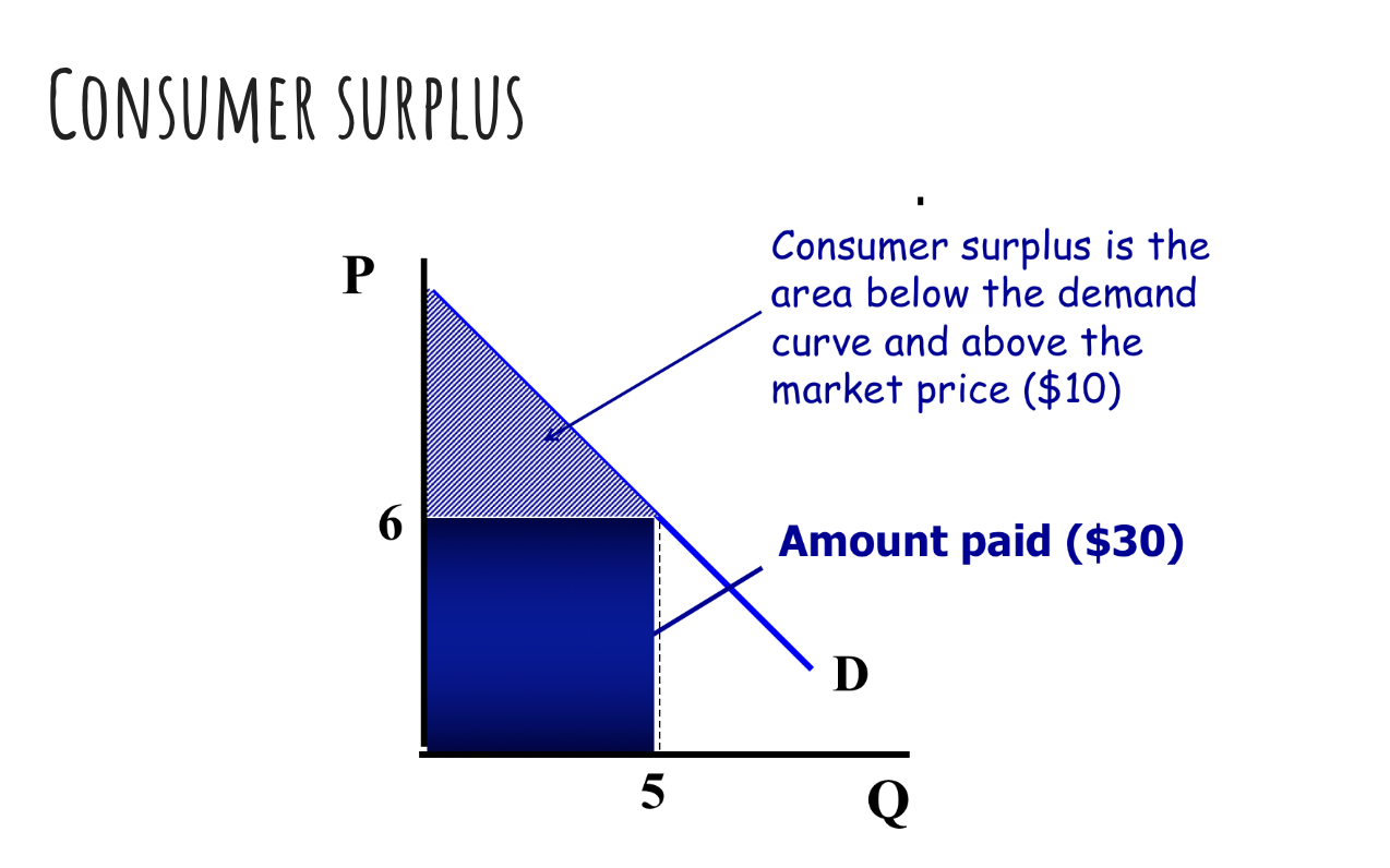 <p><span>Consumer surplus is equal to the difference between the buyer’s willingness to pay and the actual price paid.&nbsp;Consumer surplus measures the net benefits from consumption.&nbsp; If consumer surplus increases, then consumers are better off! Consumer surplus is the area below the demand curve but above the price.</span></p>