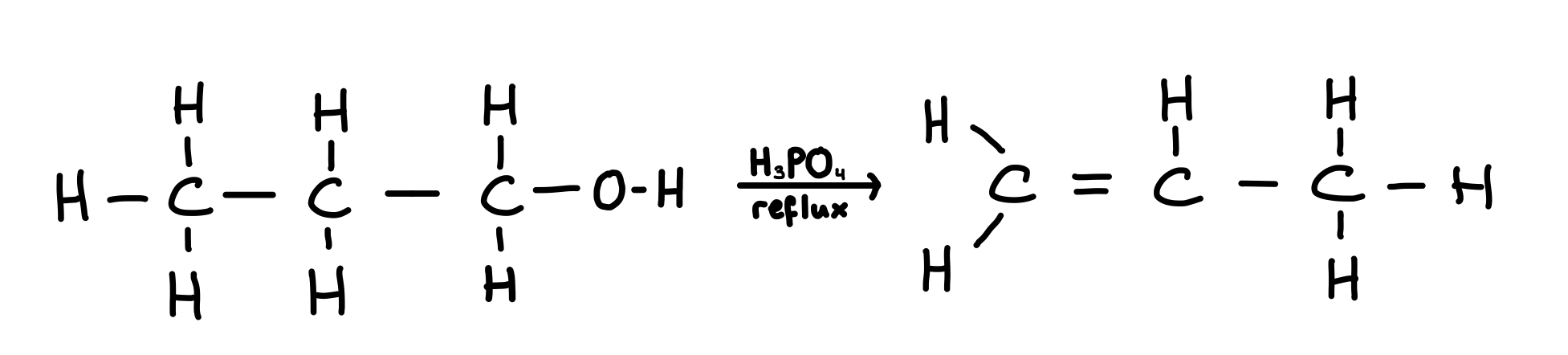 <p>Alcohols react with concentrated phosphoric acid to produce alkenes in an elimination reaction</p><p>Conditions: warm under reflux Reagents: concentrated phosphoric acid (acts as a dehydrating agent-removal of water)</p>