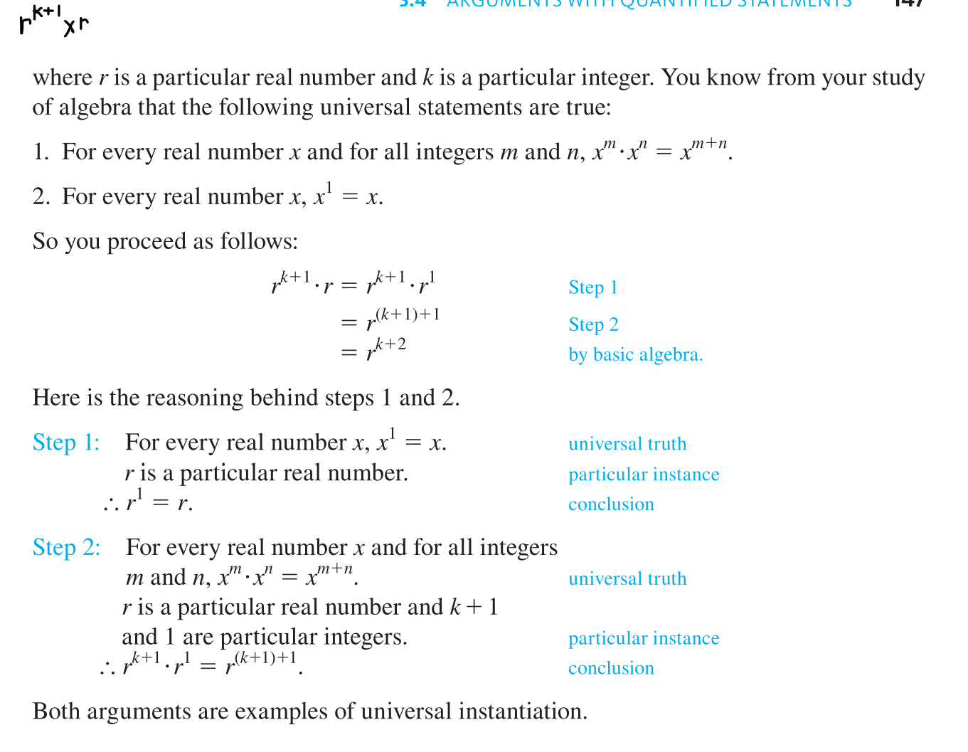 <p>If a property is true of everything in a set, then it is true of any particular thing in the set.</p><p>If we know that <mark data-color="blue" style="background-color: blue; color: inherit">a </mark><span style="color: rgb(0, 0, 0)"><mark data-color="blue" style="background-color: blue; color: inherit">statement is true for all members of a group, we can apply it to any individual member of that group.</mark></span></p><p><span style="color: rgb(0, 0, 0)"><mark data-color="#ffffff" style="background-color: #ffffff; color: inherit">(170-172)</mark></span></p>