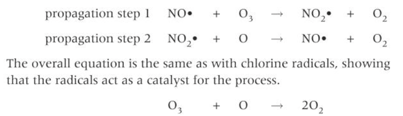 <ul><li><p>nitrogen oxide radicals are formed naturally during lightening strikes and as a result of aircraft travel in the stratosphere</p></li></ul><p></p>