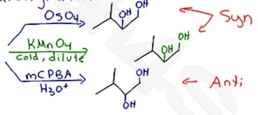 <p>OsO4 —-→ Syn&nbsp;</p><p>or KMnO4&nbsp; —→ Syn</p><p>or mCPBA / H3O+ —→ Anti</p><p></p>
