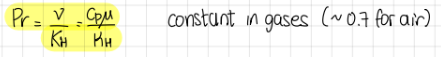 <p>Pr=upsilon/K_H=(C_p*mu)/(kappa_H)</p><p>constant in gases</p><p>around 0.7 for air</p>