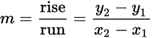 <p>• $$m$$ = slope<br>• $$(x_1,y_1)$$ = coordinates of the first point in the line<br>• $$(x_2, y_2)$$ = coordinates of the second point in the line</p>