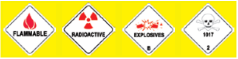 <p>A diamond shaped sign on a truck. These vehicles must stop before crossing railroad tracks</p>