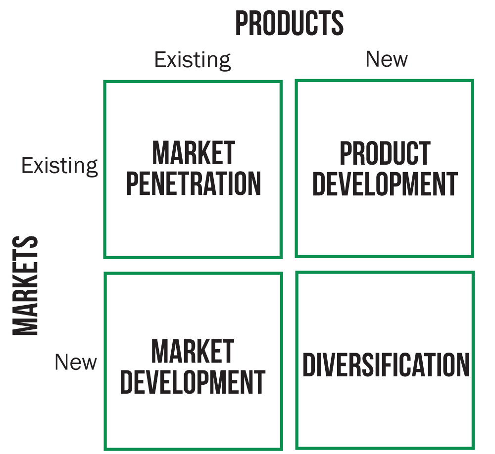 <p>1. Market penetration</p><p>2. Product development</p><p>3. Market development</p><p>4. Diversification</p>