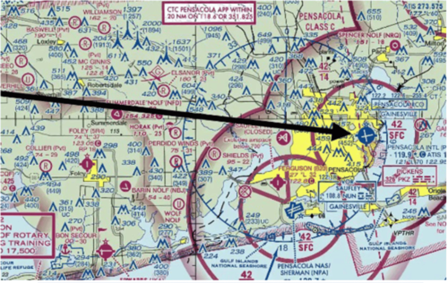 <p>In the white box above the Pensacola airspace, it says to contact Pensacola Approach within 20 NM on 118.6</p>