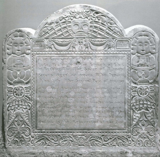 <p><strong>Description</strong>: </p><ul><li><p><span>Comes from colonial New England</span></p></li><li><p><span>Puritan gravestones had motifs of winged skulls which reflects death and mortality, and the soul’s continuous journey in the afterlife</span></p></li><li><p><span>Images of people praying reflect the purpose of life, in which Puritans believed that one should strive to get close to God and do good (Puritan art appears as mirror asking viewers to look into themselves and realize the purpose of life, which is fleeting)</span></p></li></ul><p><span>(English Colonies)</span></p>