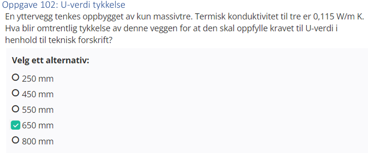 <p><strong>650 mm</strong></p><p>Formelen for U-verdi for en homogen vegg er:</p><p>U = λ / d</p><ul><li><p>λ er varmekonduktiviteten (her 0,115 W/mK)</p></li><li><p>d er tykkelsen i meter</p></li></ul><p>For å finne nødvendig tykkelse for å oppnå U-verdi 0,18 W/(m²K):</p><p>d = λ / U = 0,115 / 0,18 ≈ 0,64 m = 640 mm</p><p>Derfor må veggen være omtrent 650 mm tykk for å oppfylle kravet.</p>