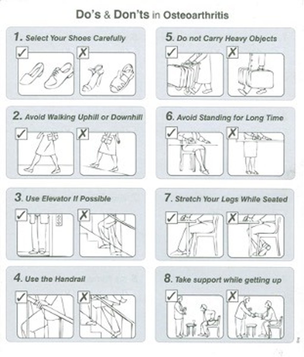 <p>-Select your shoes carefully<br>-Avoid walking uphill or downhill<br>-Use elevator if possible<br>-Use the handrail<br>-Do not carry heavy objects<br>-Avoid standing for a long time<br>-Stretch your legs while seated<br>-Take support while getting up</p>