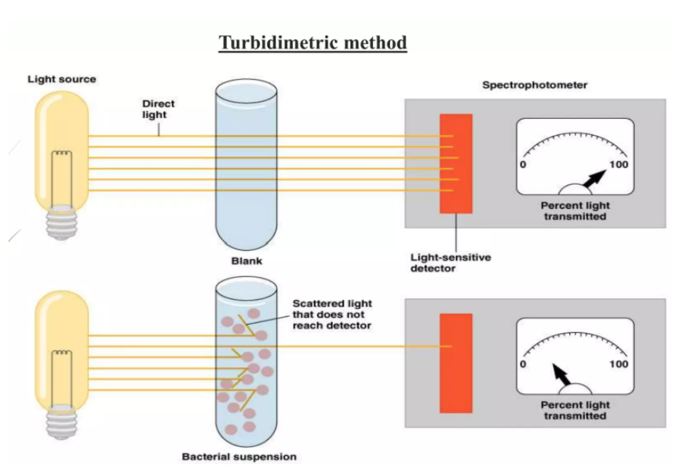 <ol><li><p>Use a colorimeter &amp; measure the absorbance or % transmission of samples with a known microorganism count</p></li><li><p>Plot a calibration curve → absorbance or % transmission (y-axis) against number of microorganisms (x-axis)</p></li><li><p>Record the absorbance or % transmission of the unknown sample &amp; interpolate the graph</p></li></ol><p></p>