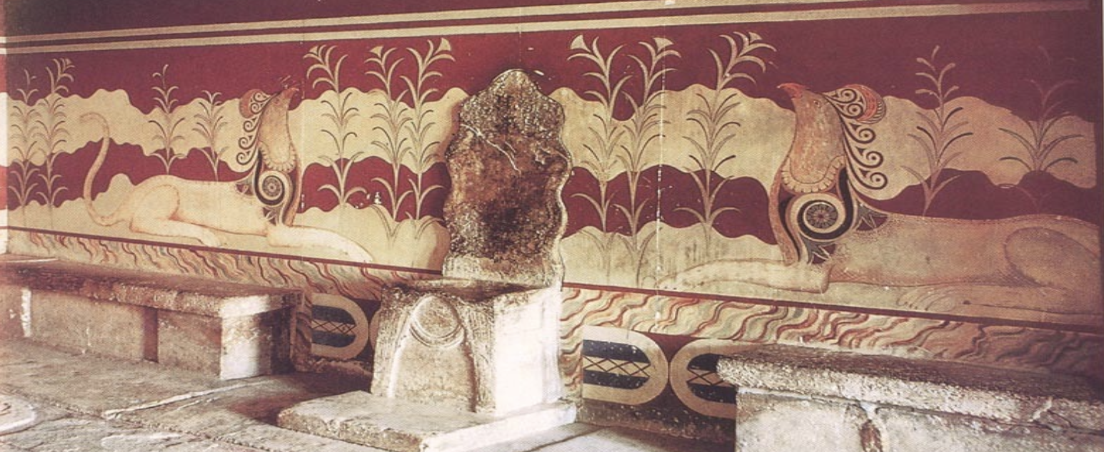 <p><span style="background-color: transparent; font-family: "EB Garamond", serif;"><span>There is a portrayal of 2 griffins on each side which are mythical animals (part eagle, part lion). Shows how there may have been a central individual in power duringthe time that the people worshiped or looked up too because of the placement of the chair in the room</span></span></p>