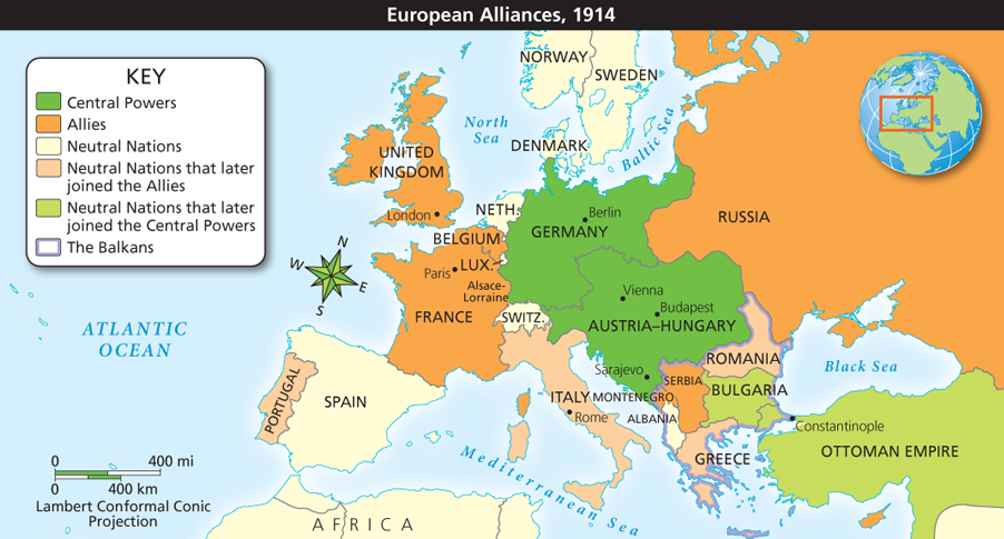 <p>Which situation shown on this map shaped Germany’s military strategy in World War 1</p>