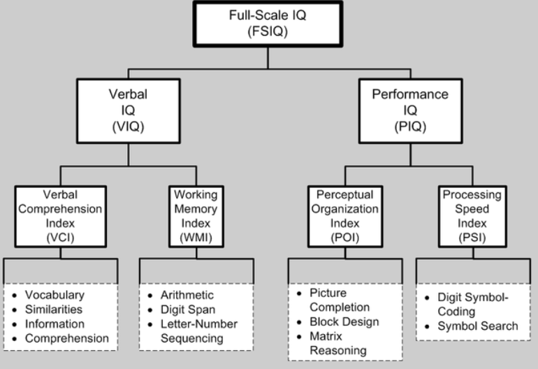 <ul><li><p><u>Verbal Comprehension Index</u> (vocab, similarities, info, comprehension)</p></li><li><p><u>Working Memory Index</u> (arithmetic, digit span, letter #, sequencing)</p></li></ul>