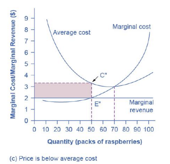 <ul><li><p>price intersects marginal cost at a level below the avg cost curve</p></li><li><p>since marginal cost is higher than marginal revenue, that means the firm ?</p></li></ul><p></p>